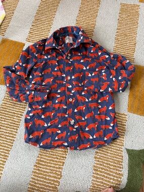 Mini Boden Navy Button-Down Shirt with Red Fox Print 7-8 years